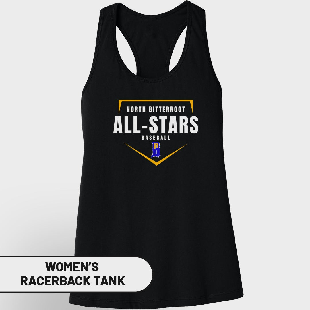 Black women's racerback tank with "North Bitterroot Baseball All-Stars" and a yellow and blue logo.