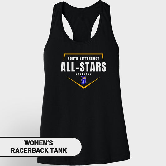 Black women's racerback tank with "North Bitterroot Baseball All-Stars" and a yellow and blue logo.
