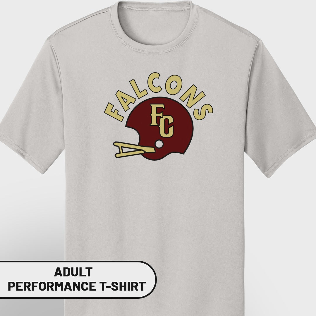 Light grey adult performance t-shirt with a maroon and gold Falcons FC football helmet graphic.