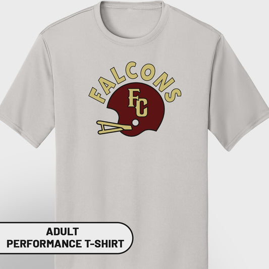 Light grey adult performance t-shirt with a maroon and gold Falcons FC football helmet graphic.