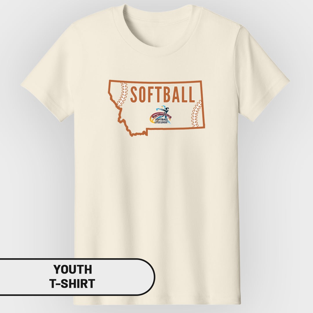 Cream youth t-shirt with Montana outline and "Softball Little League" graphic.