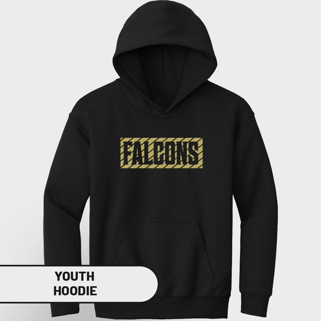 Black youth hoodie with "FALCONS" text in a golden rectangle.