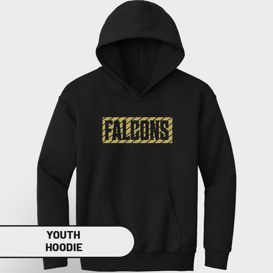 Black youth hoodie with "FALCONS" text in a golden rectangle.
