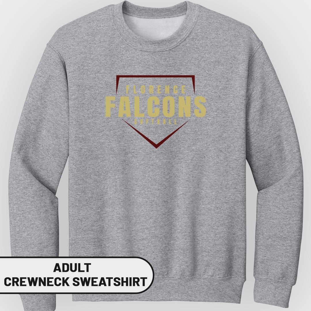 Grey adult crewneck sweatshirt with "Florence Falcons" and softball graphic.