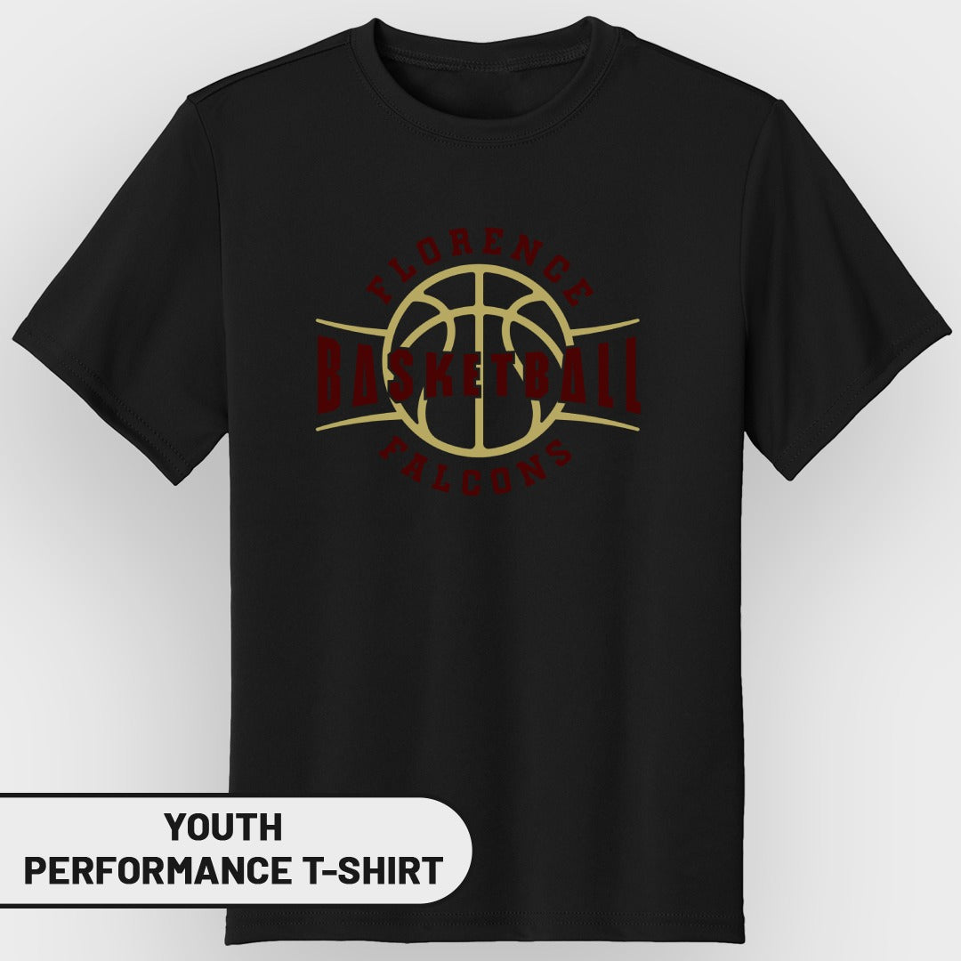 Black youth performance t-shirt with Florence Falcons basketball graphic.