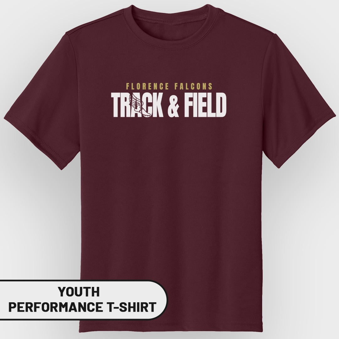 Maroon youth performance t-shirt with "Florence Falcons Track & Field" graphic.