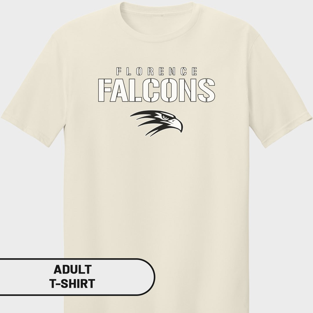 Cream adult t-shirt with "Florence Falcons" text and eagle graphic.