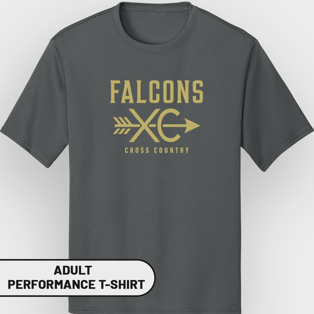 Dark gray adult performance t-shirt with "Falcons XC Cross Country" graphic.