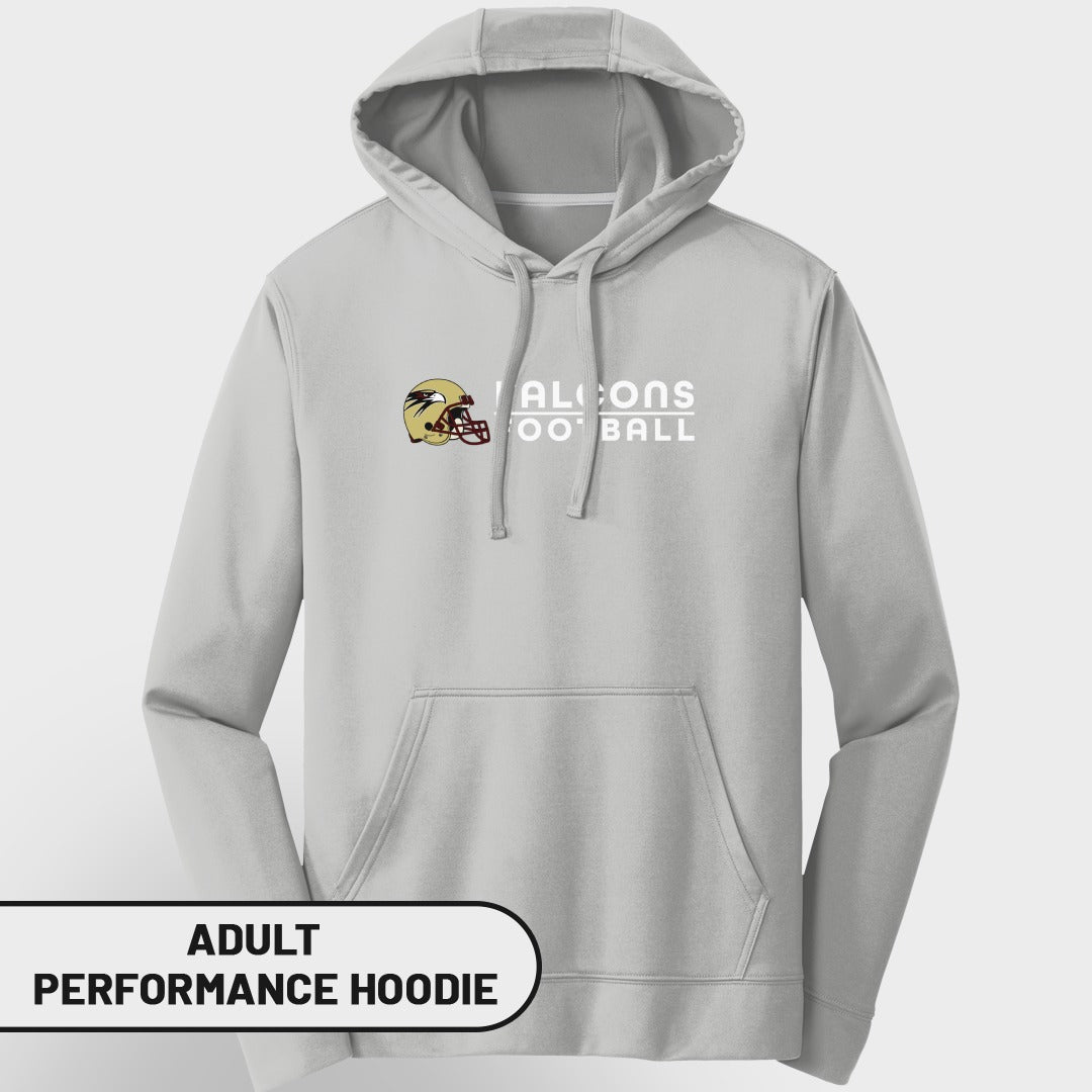 Light gray adult performance hoodie with Falcons football logo and text.