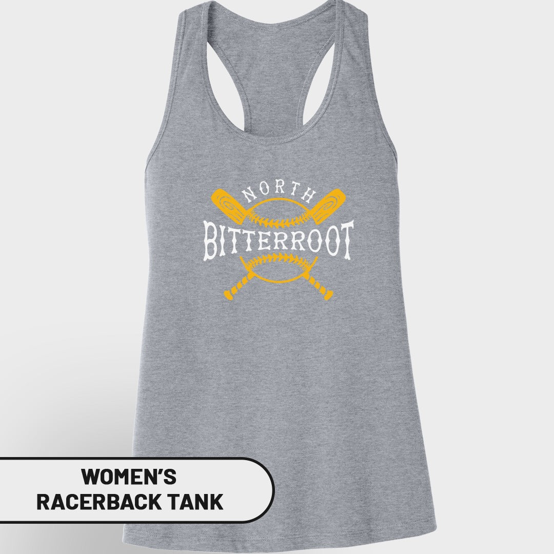 Gray women's racerback tank with "NORTH BITTERROOT" baseball graphic.