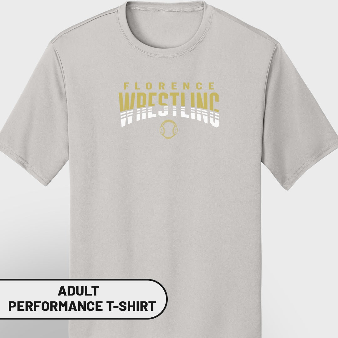 Gray adult performance t-shirt with "Florence Wrestling" graphic and wrestling ball.