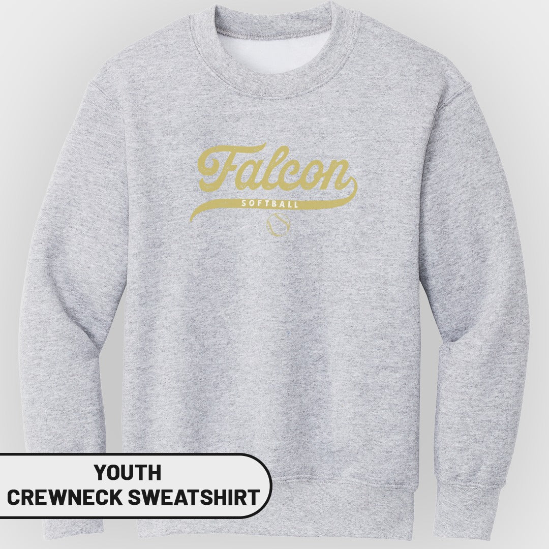 Youth grey crewneck sweatshirt with "Falcon Softball" graphic.