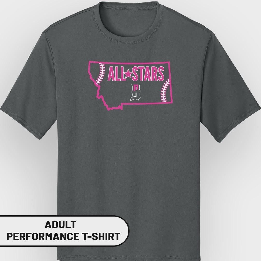 Dark grey adult performance t-shirt with pink "All Stars" and baseball graphic.