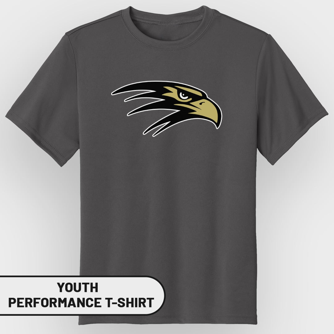 Dark gray youth performance t-shirt with black and gold eagle logo and text overlay.