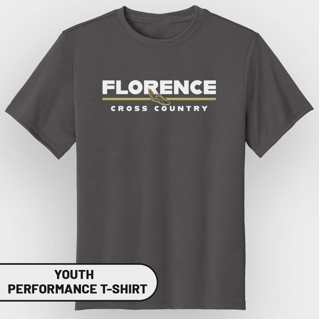 Dark grey youth performance t-shirt with "FLORENCE CROSS COUNTRY" text and a running shoe graphic.