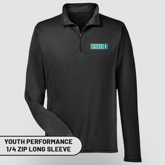 Black youth performance 1/4 zip long sleeve with Sparks logo.
