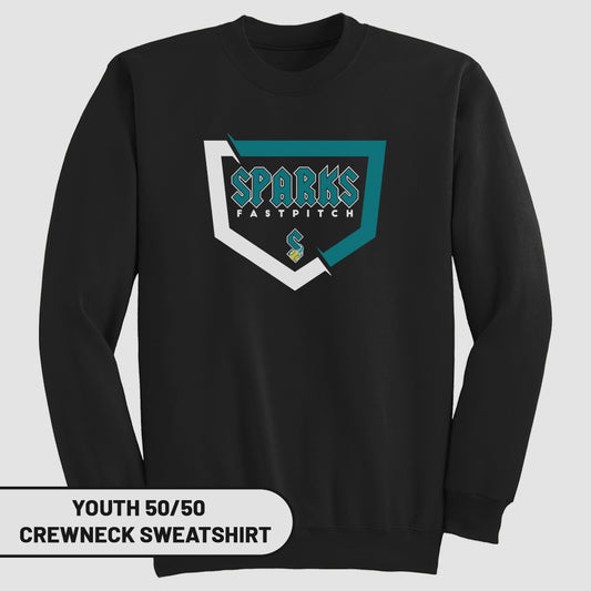 Black crewneck sweatshirt with Sparks Fastpitch logo.