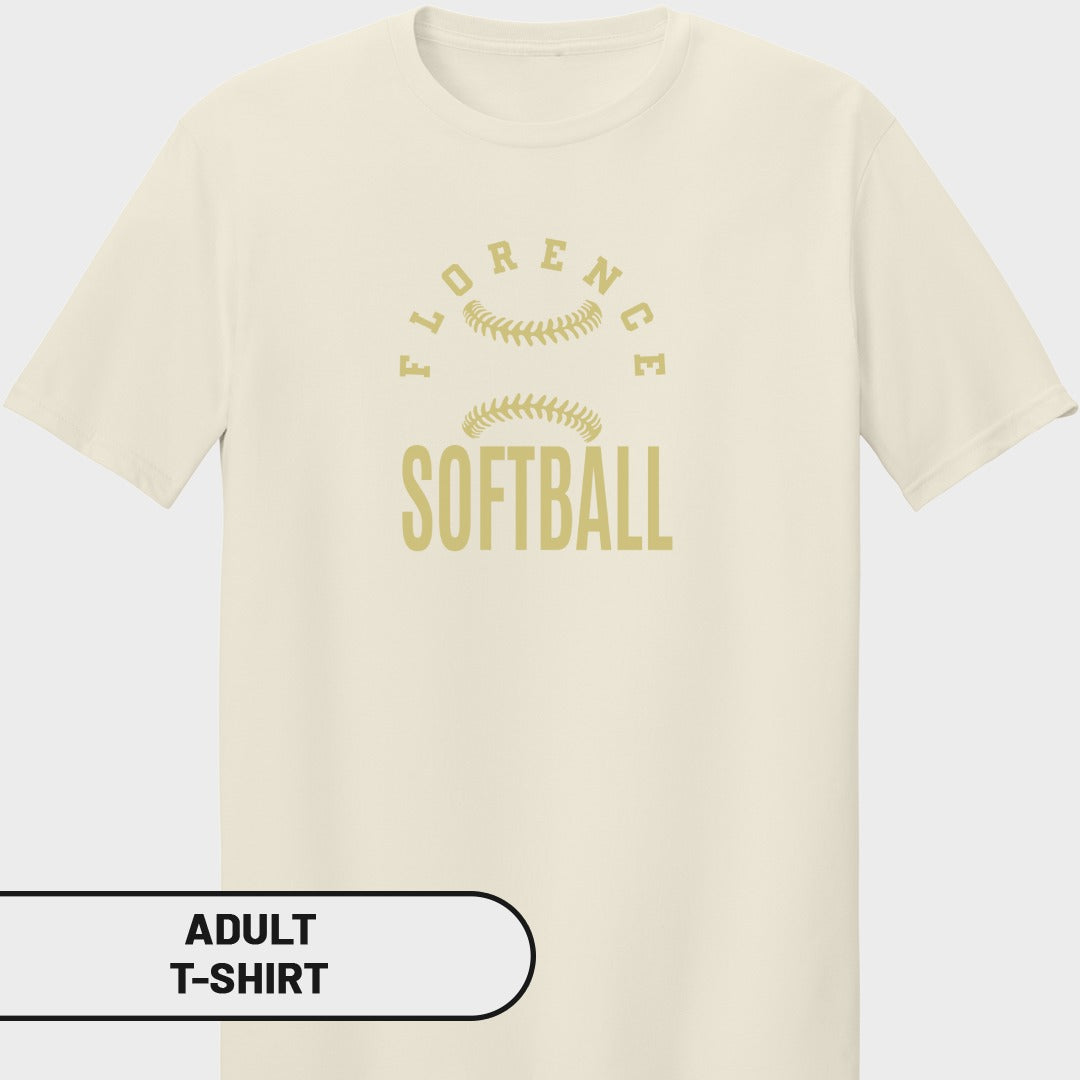Cream adult t-shirt with "Florence Softball" text and softball graphics.