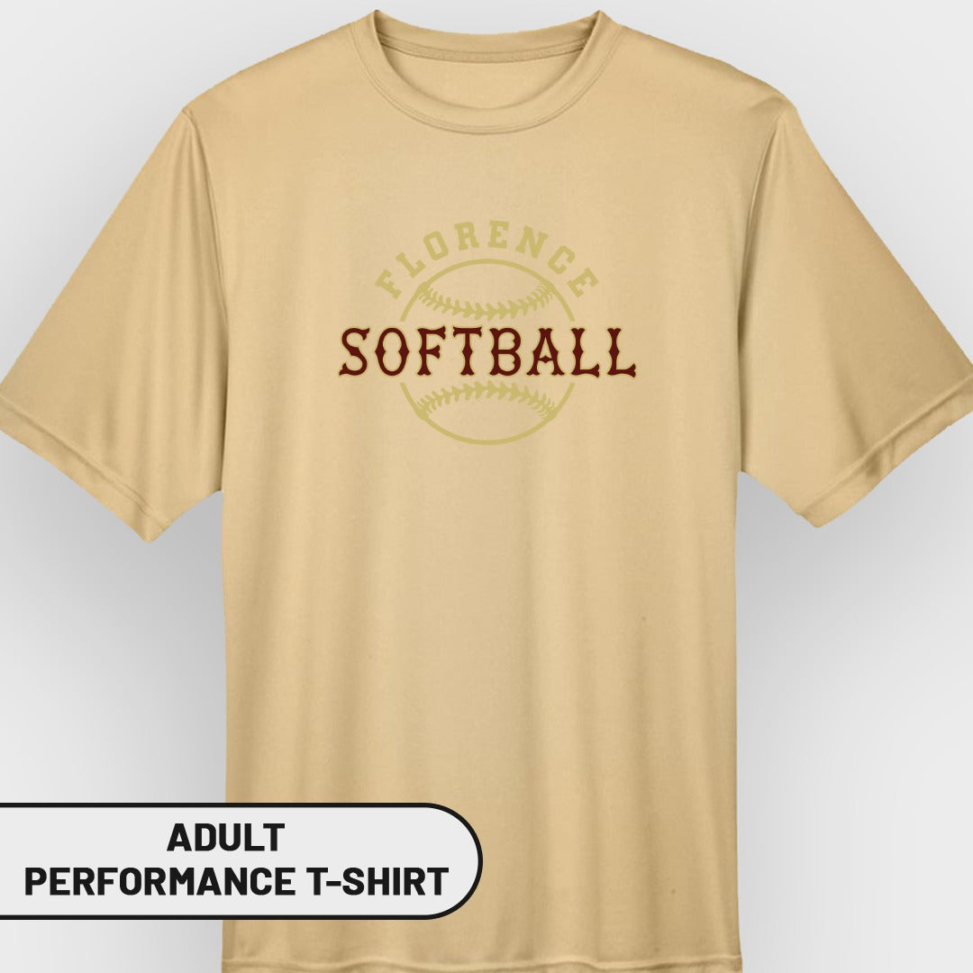 Tan t-shirt with "Florence Softball" graphic and softball outline.