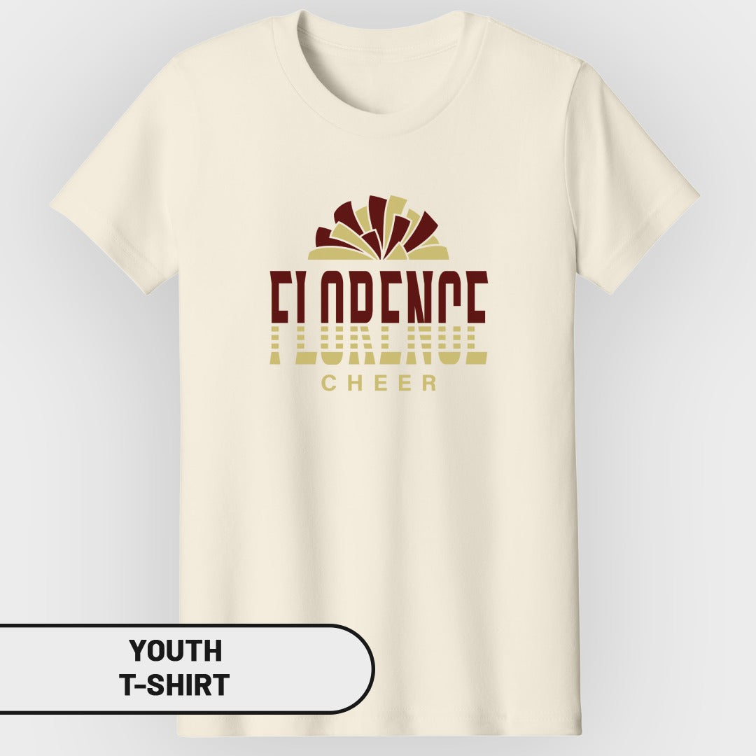 Cream youth t-shirt with "Florence Cheer" text and fan graphic.