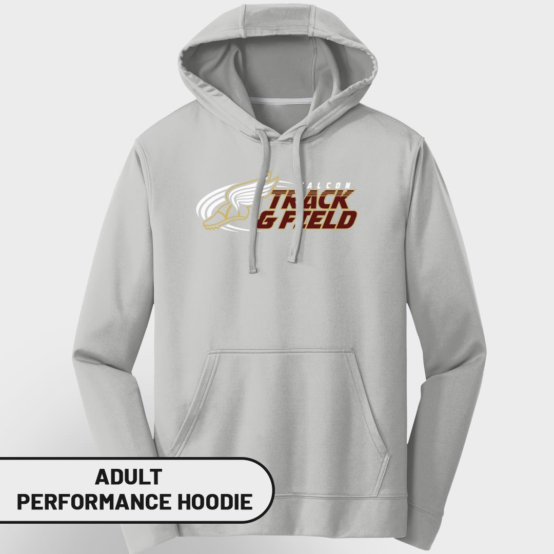 Light grey adult performance hoodie with "Falcon Track & Field" graphic on chest.