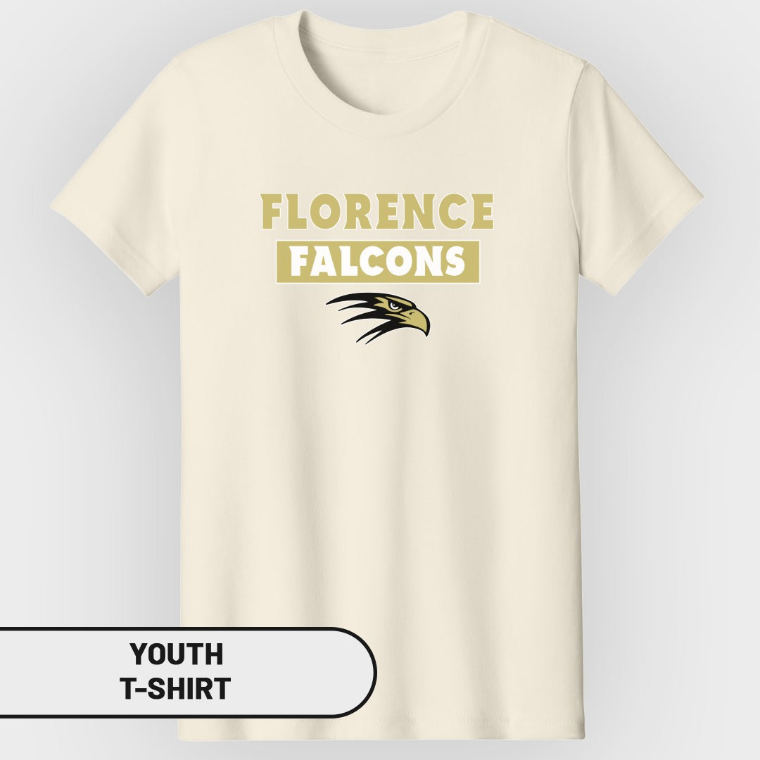 Cream youth t-shirt with "FLORENCE FALCONS" and a falcon head logo.