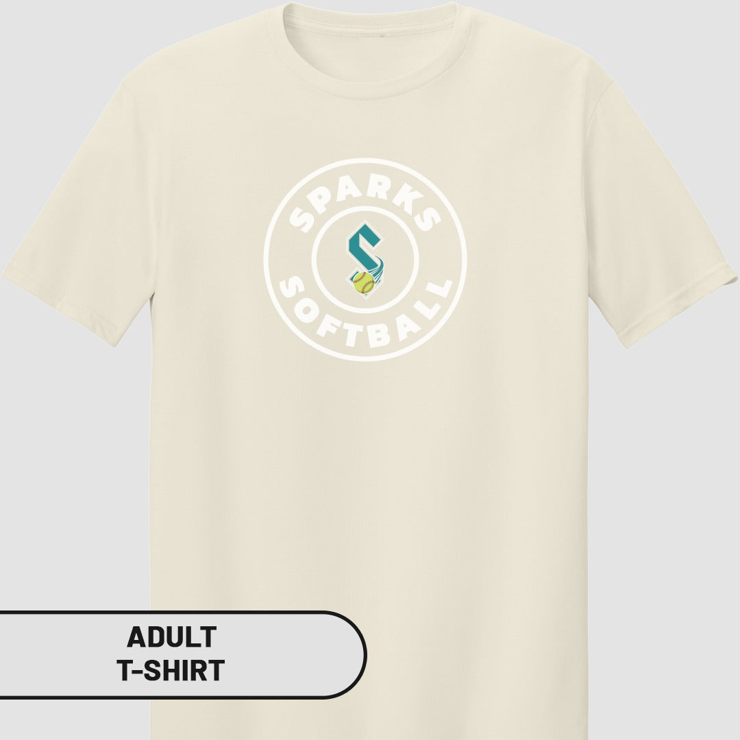 Cream adult t-shirt with circular "SPARKS SOFTBALL" logo.