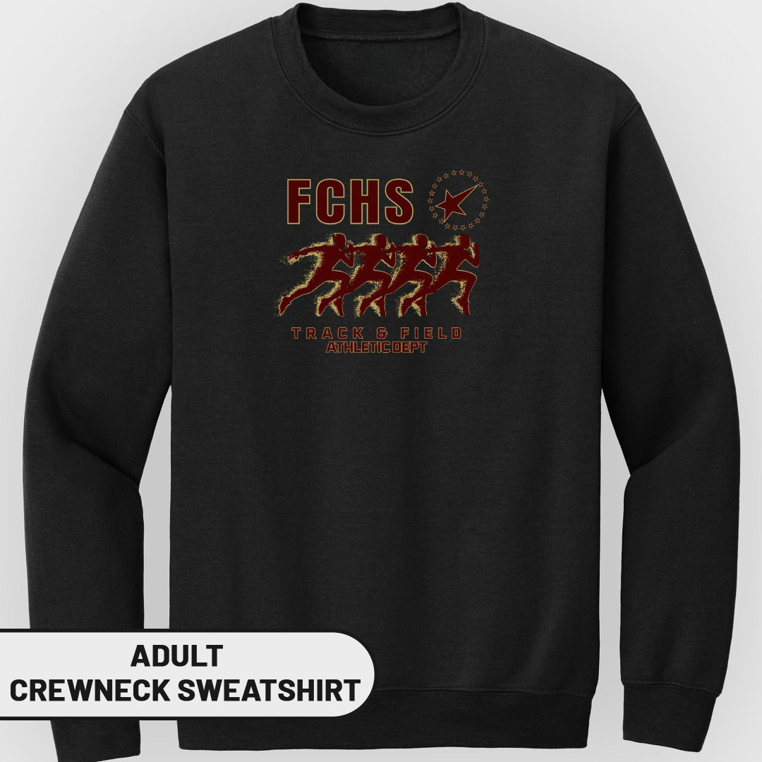 Black adult crewneck sweatshirt with FCHS Track & Field Athletic Dept. graphic.