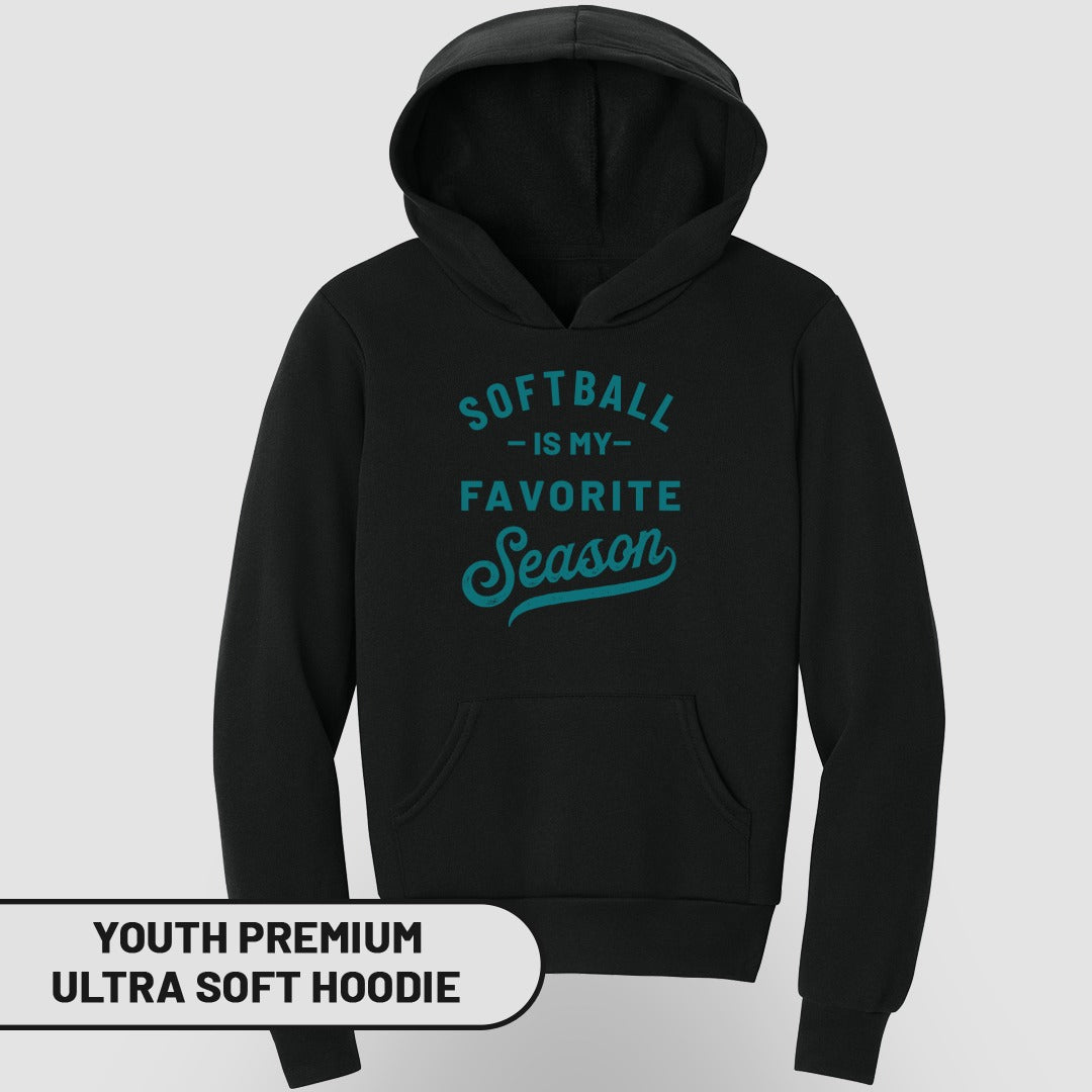 Black youth hoodie with "Softball is my favorite season" text.