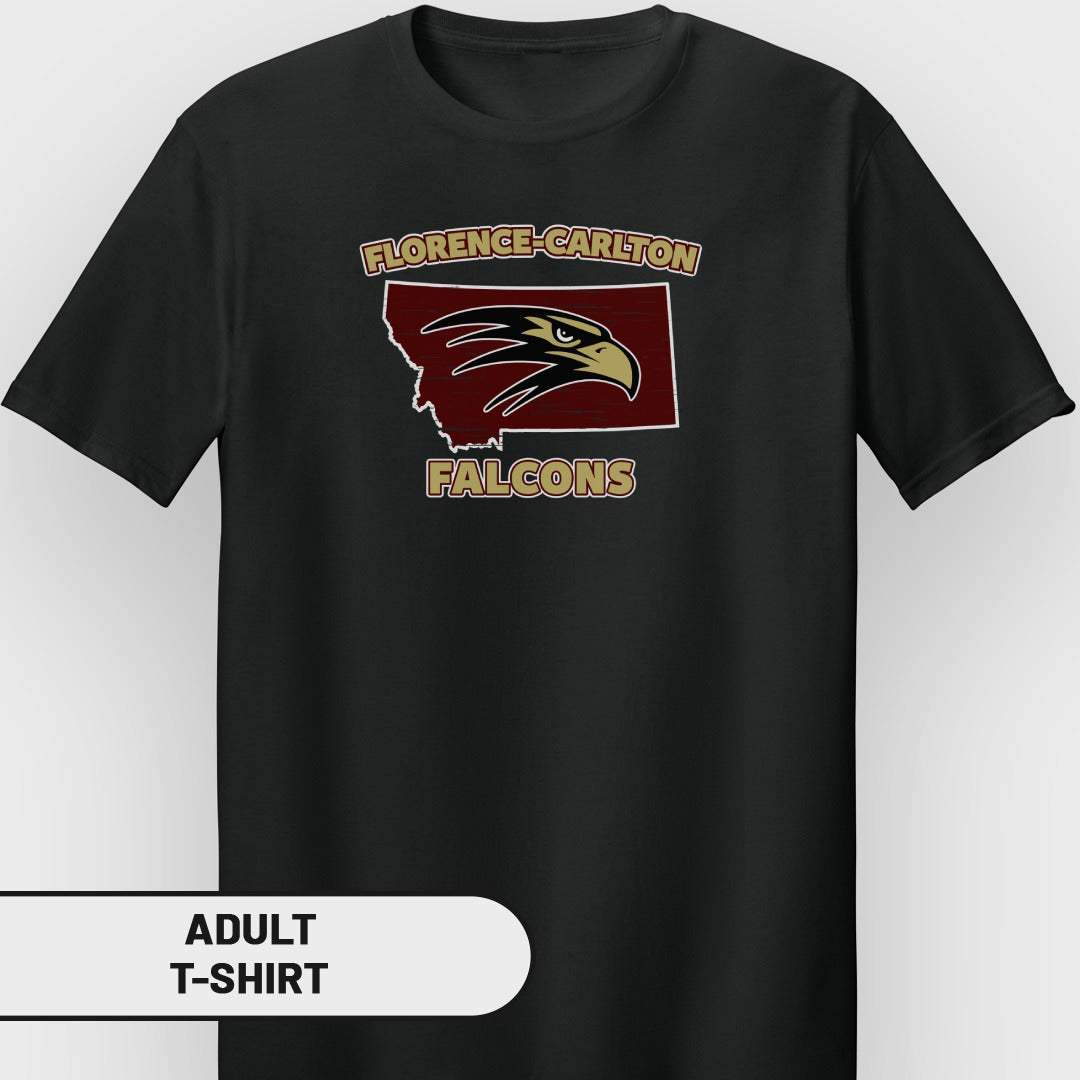 Black adult t-shirt with Montana outline, eagle head, "Florence-Carlton" and "Falcons" text.