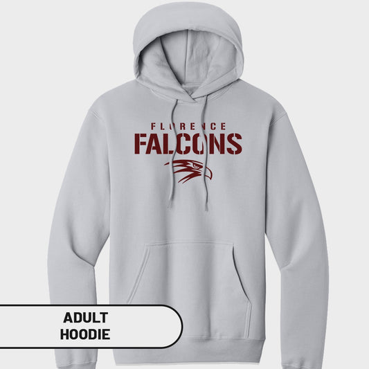 Light gray adult hoodie with "Florence Falcons" and falcon logo in maroon.