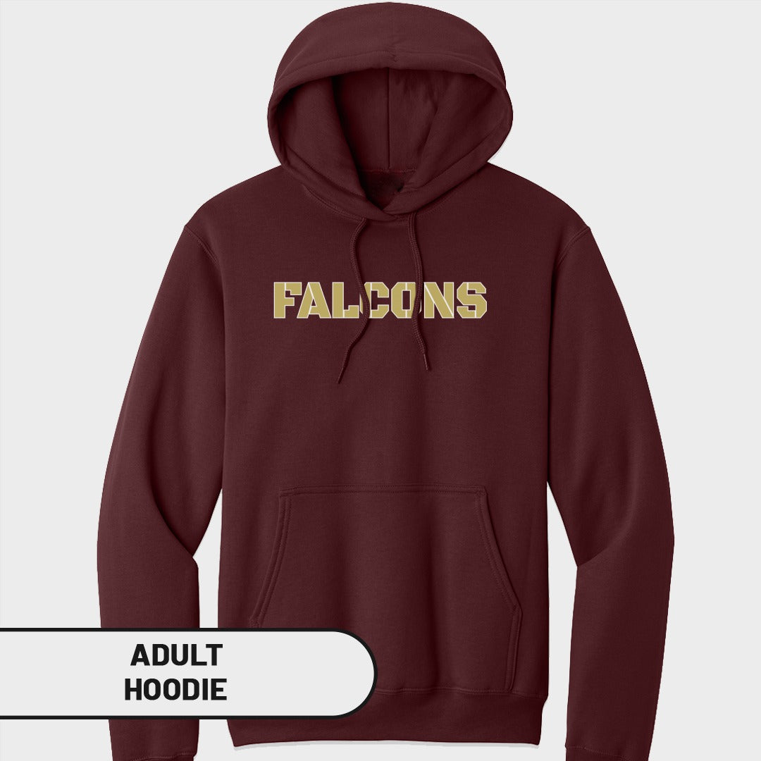 Maroon adult hoodie with "FALCONS" printed in gold on the chest.