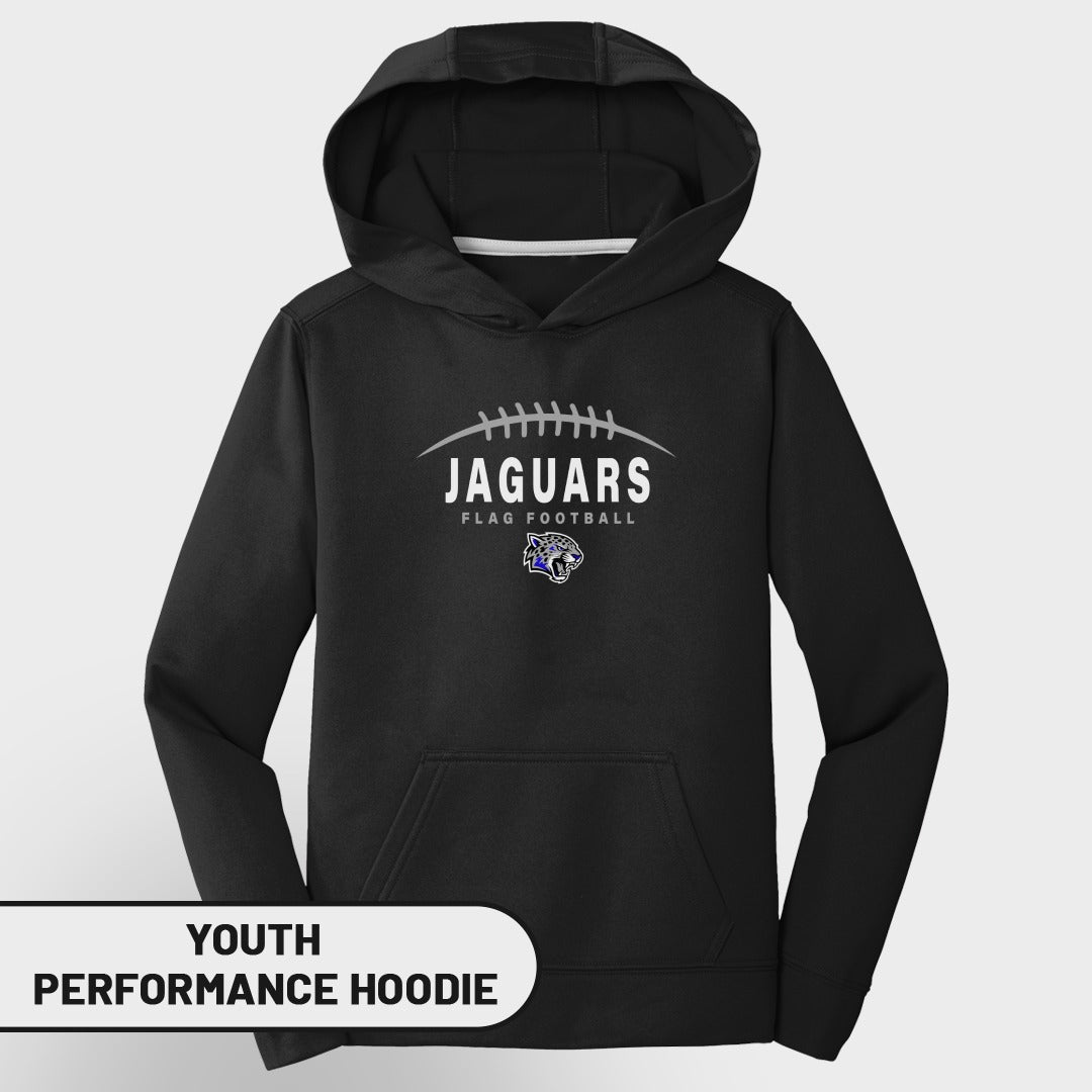 Black youth performance hoodie with Jaguars flag football logo.