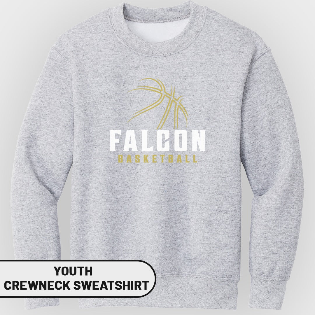Grey youth crewneck sweatshirt with gold basketball and "FALCON BASKETBALL" text.