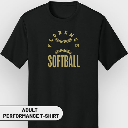 Black t-shirt with "FLORENCE SOFTBALL" and softball graphic.