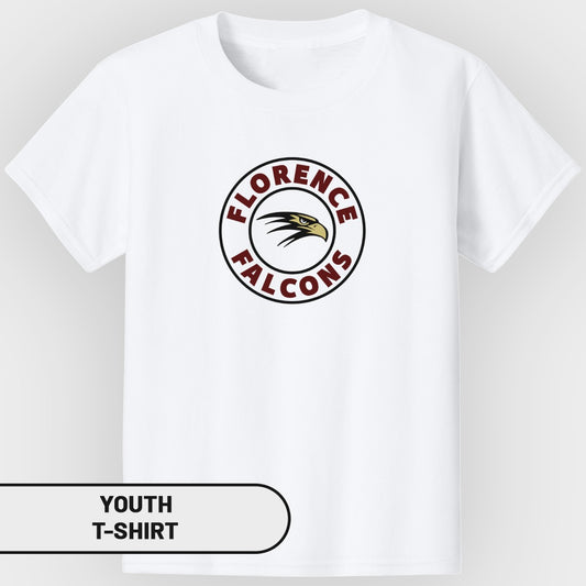 White youth t-shirt with "Florence Falcons" logo and a hawk.