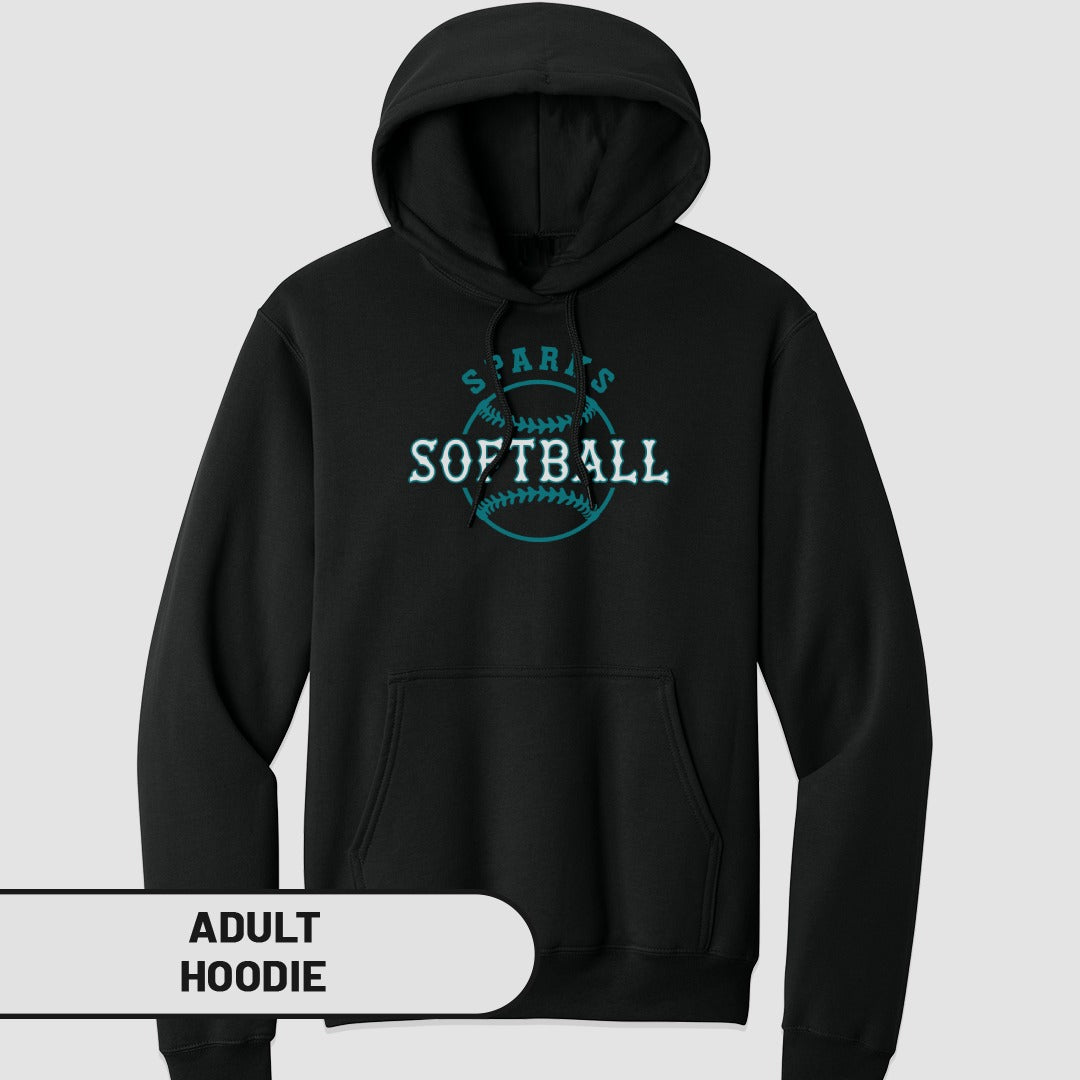 Black adult hoodie with "SPARKS SOFTBALL" and softball graphic.