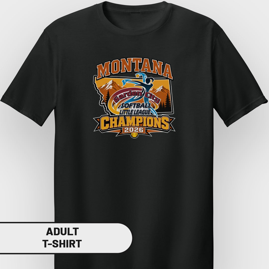 Black t-shirt with Montana Garden City Softball Little League Champions 2026 graphic.