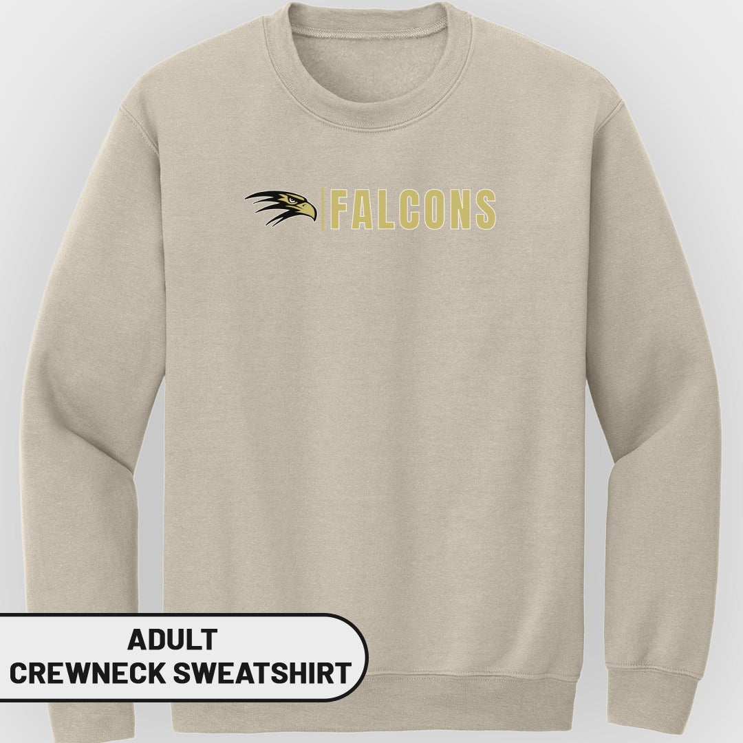 Adult crewneck sweatshirt with "Falcons" text and eagle logo on beige fabric.