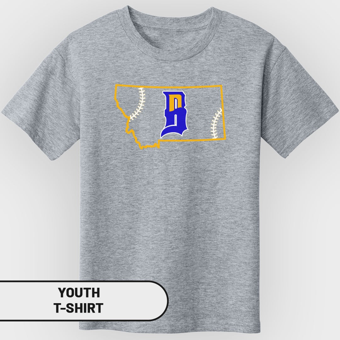 Grey youth t-shirt with a blue 'D' superimposed on a Montana outline with baseball stitching.