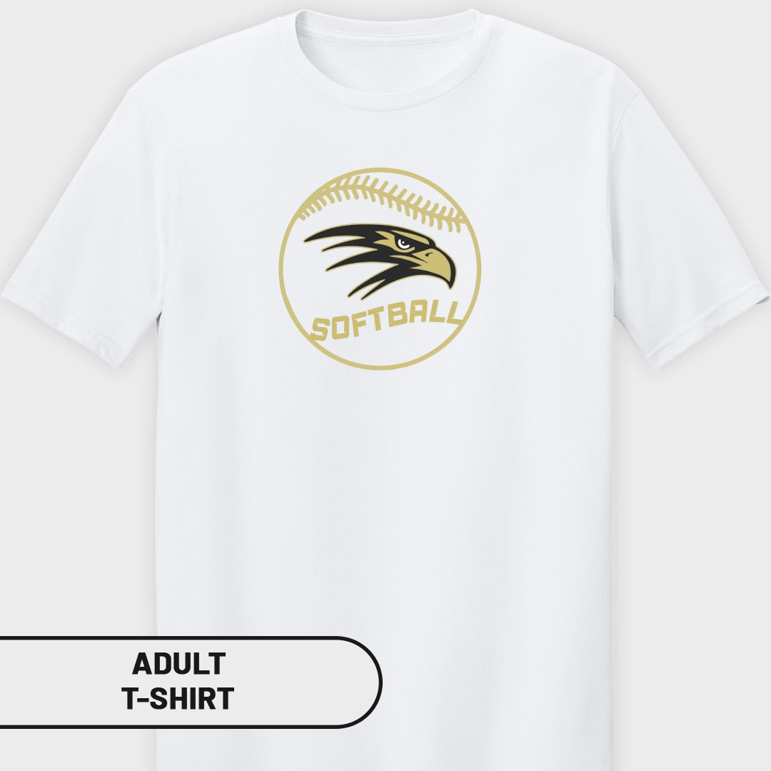 White adult t-shirt with gold softball and eagle graphic