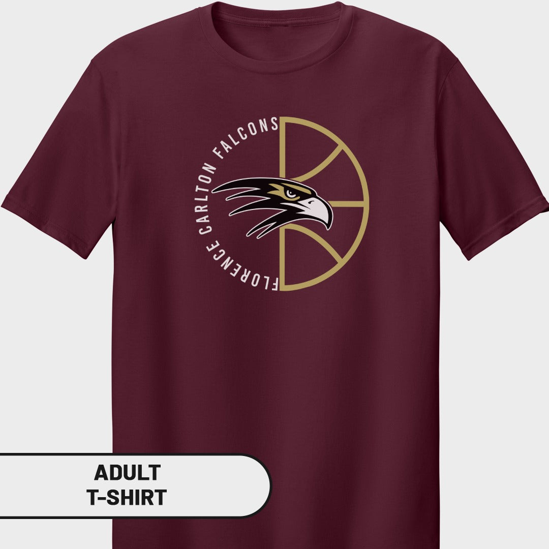 Maroon t-shirt with "Florence Carlton Falcons" text and a falcon head logo inside a basketball graphic.