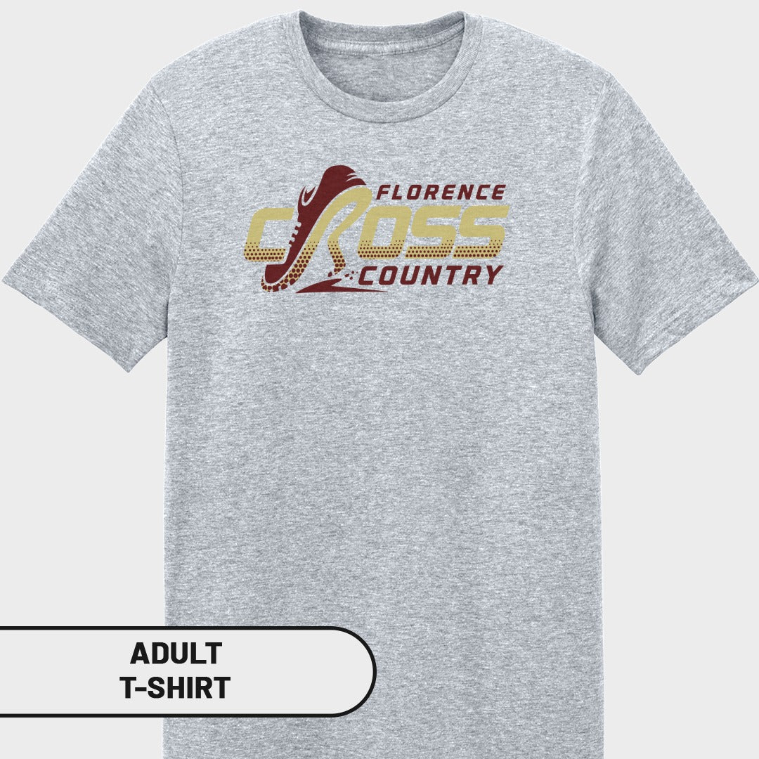 Grey adult t-shirt with "Florence Cross Country" logo and running shoe graphic.