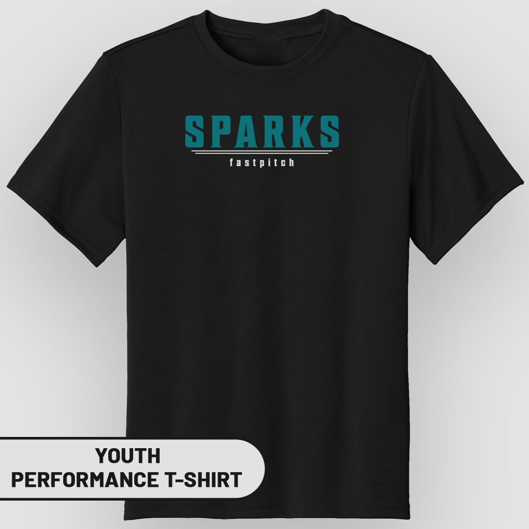 Black youth performance t-shirt with "SPARKS" and "fastpitch" text.