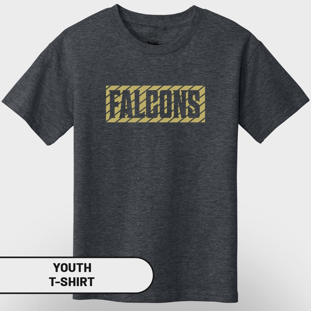Youth t-shirt with "FALCONS" text in a gold striped rectangle.