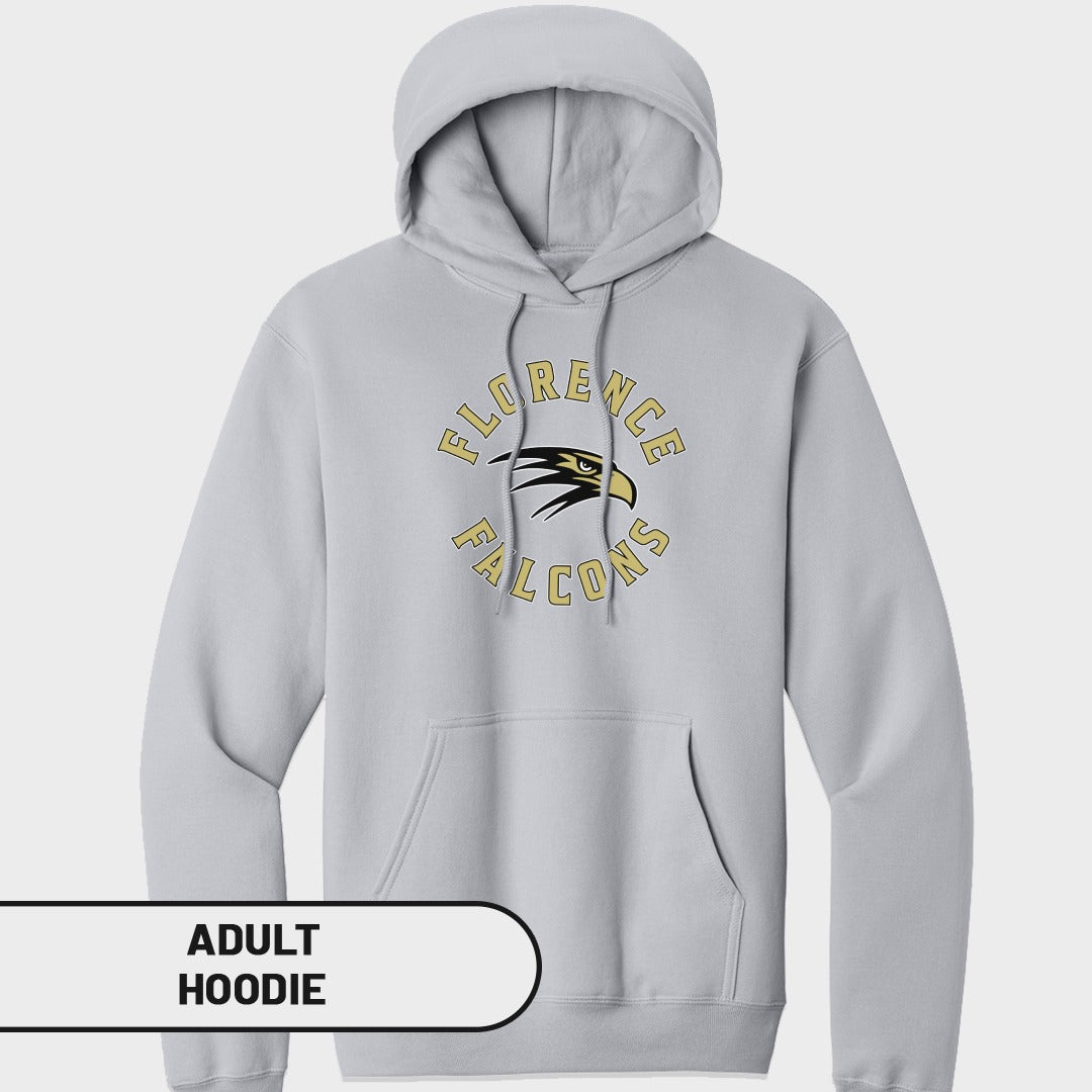 Light gray adult hoodie with Florence Falcons logo and text.