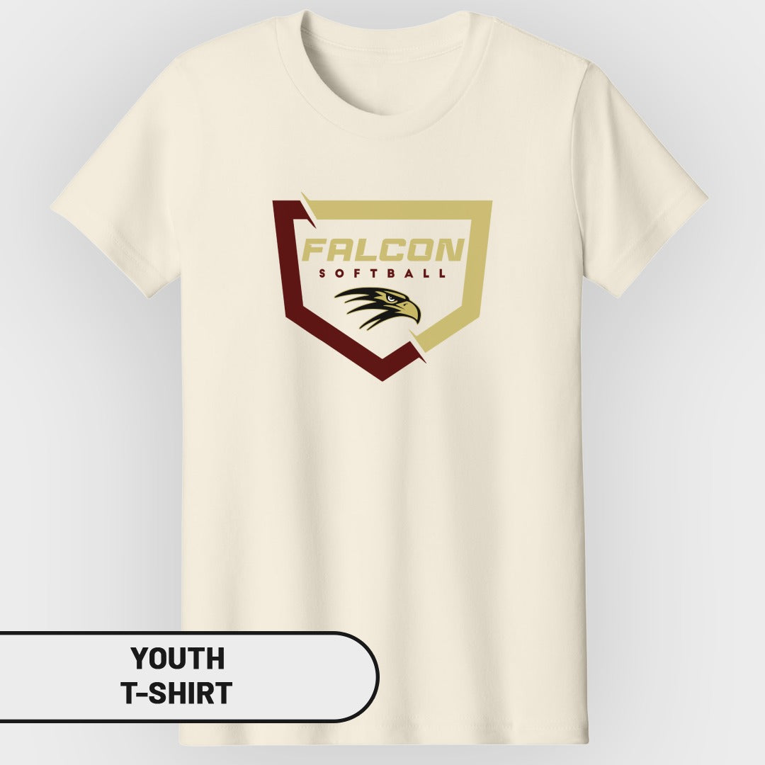 Cream youth t-shirt with "Falcon Softball" and falcon head logo.