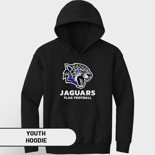 Black youth hoodie with Jaguars flag football logo.