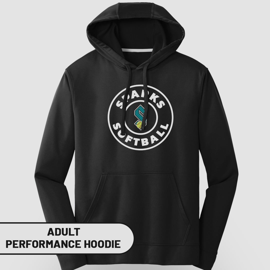 Black adult performance hoodie with "Sparks Softball" logo on chest.
