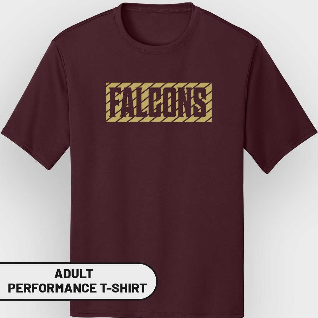 Maroon adult performance t-shirt with "FALCONS" text in a gold-lined box.